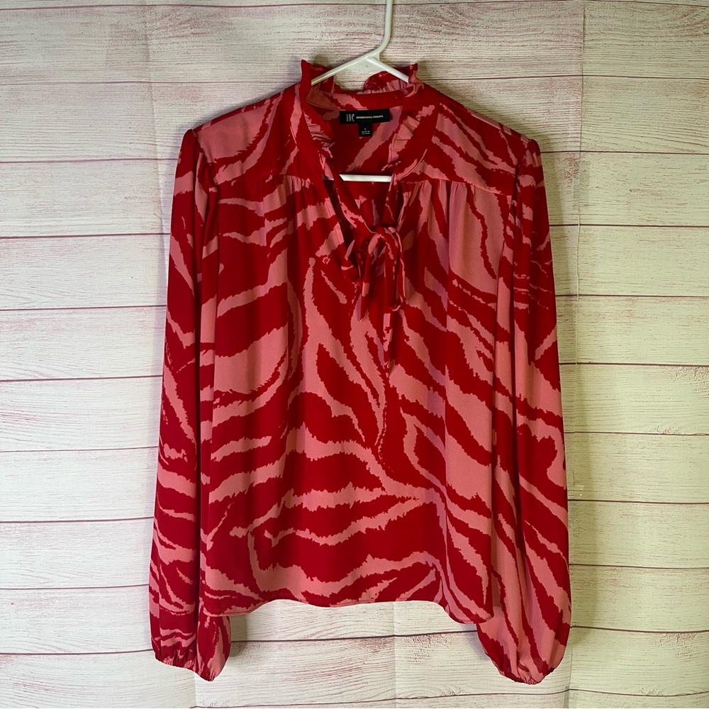 INC International Concepts Beautiful Red Pink Neck Tie Blouse Size Large